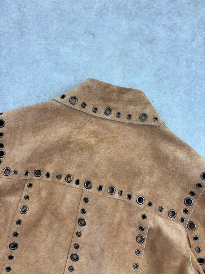 1990s Dolce & Gabbana Camel Suede Eyelet Leather Jacket aIAffyi 6