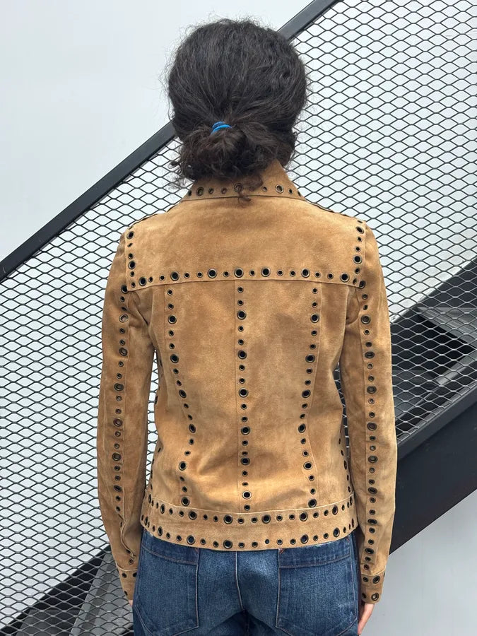 1990s Dolce & Gabbana Camel Suede Eyelet Leather Jacket aIAffyi 2