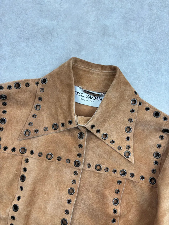 1990s Dolce & Gabbana Camel Suede Eyelet Leather Jacket aIAffyi 4
