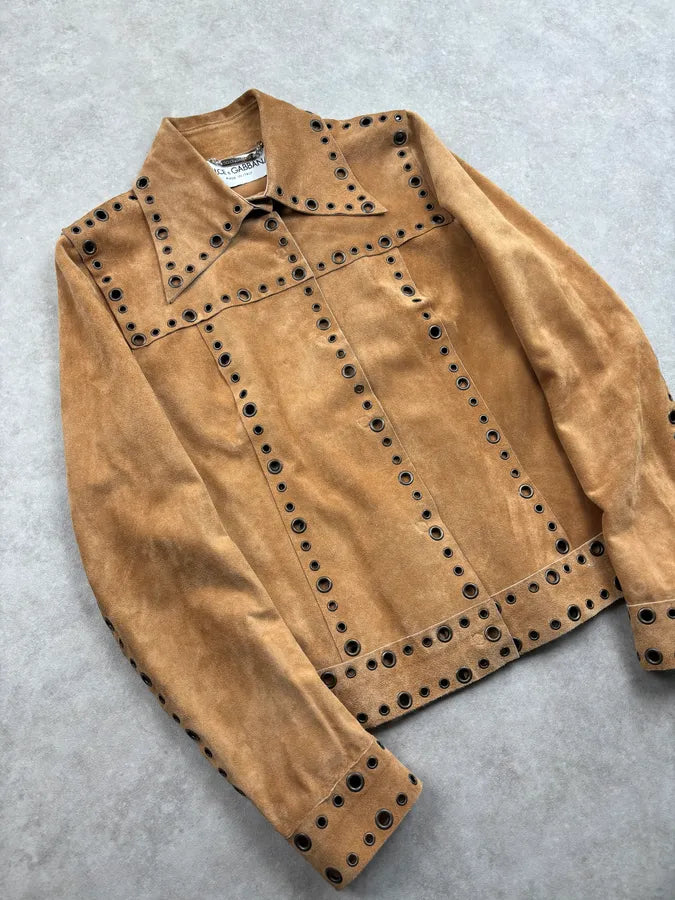 1990s Dolce & Gabbana Camel Suede Eyelet Leather Jacket aIAffyi 3