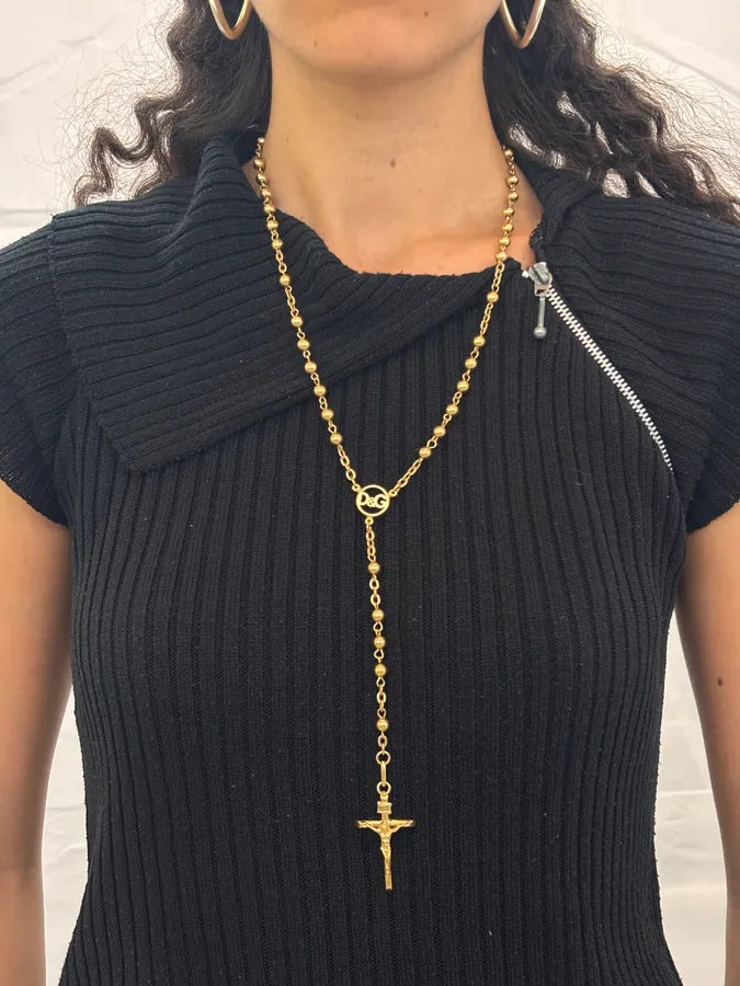 2000s Dolce & Gabbana Gold Metal Rosary Cross Necklace WVyfqeb 1