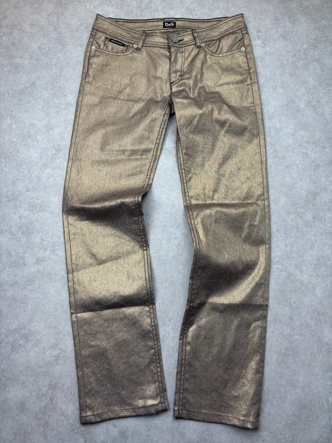 2000s Dolce & Gabbana Gold Metallic Denim Low-Rise Jeans SqwvmdP 0
