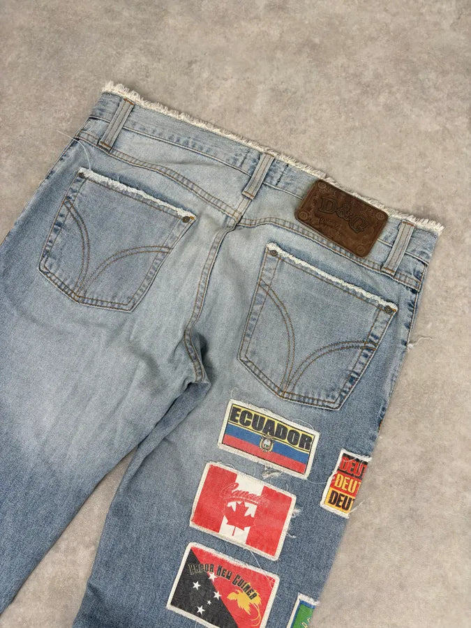 AW2004 Dolce & Gabbana Light Blue Denim International Flag Patch Jeans GqttpXY 6