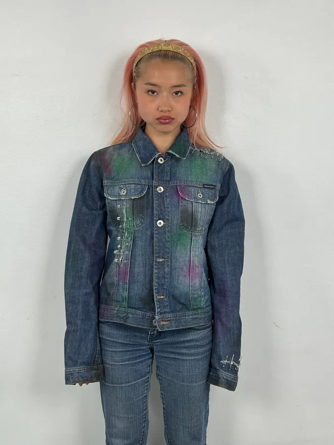 AW2001 Dolce & Gabbana Safety Pins Tie-Dye Distressed Denim Jacket KbiXNNY 1