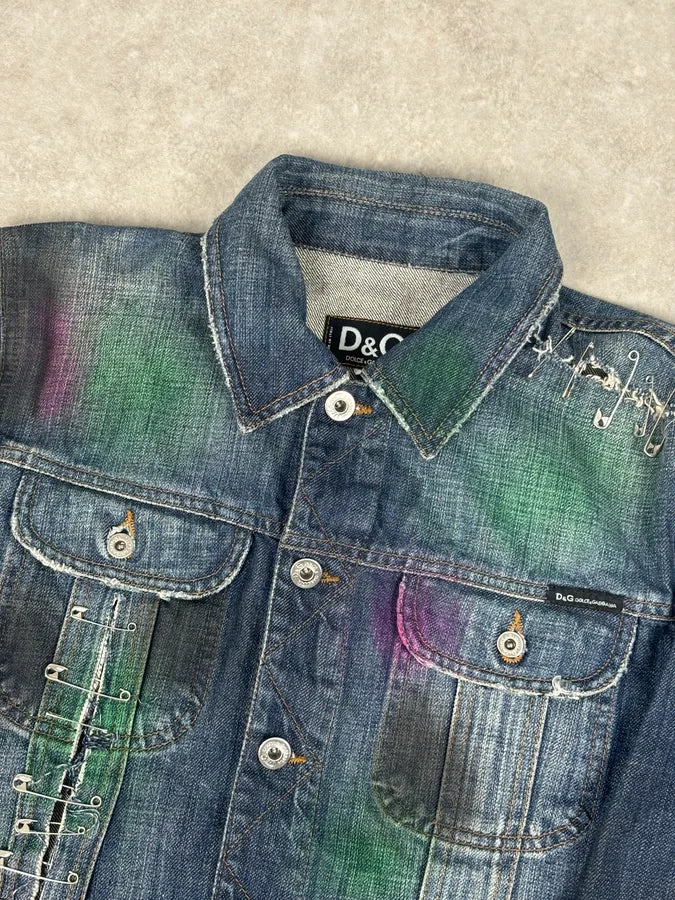 AW2001 Dolce & Gabbana Safety Pins Tie-Dye Distressed Denim Jacket KbiXNNY 3