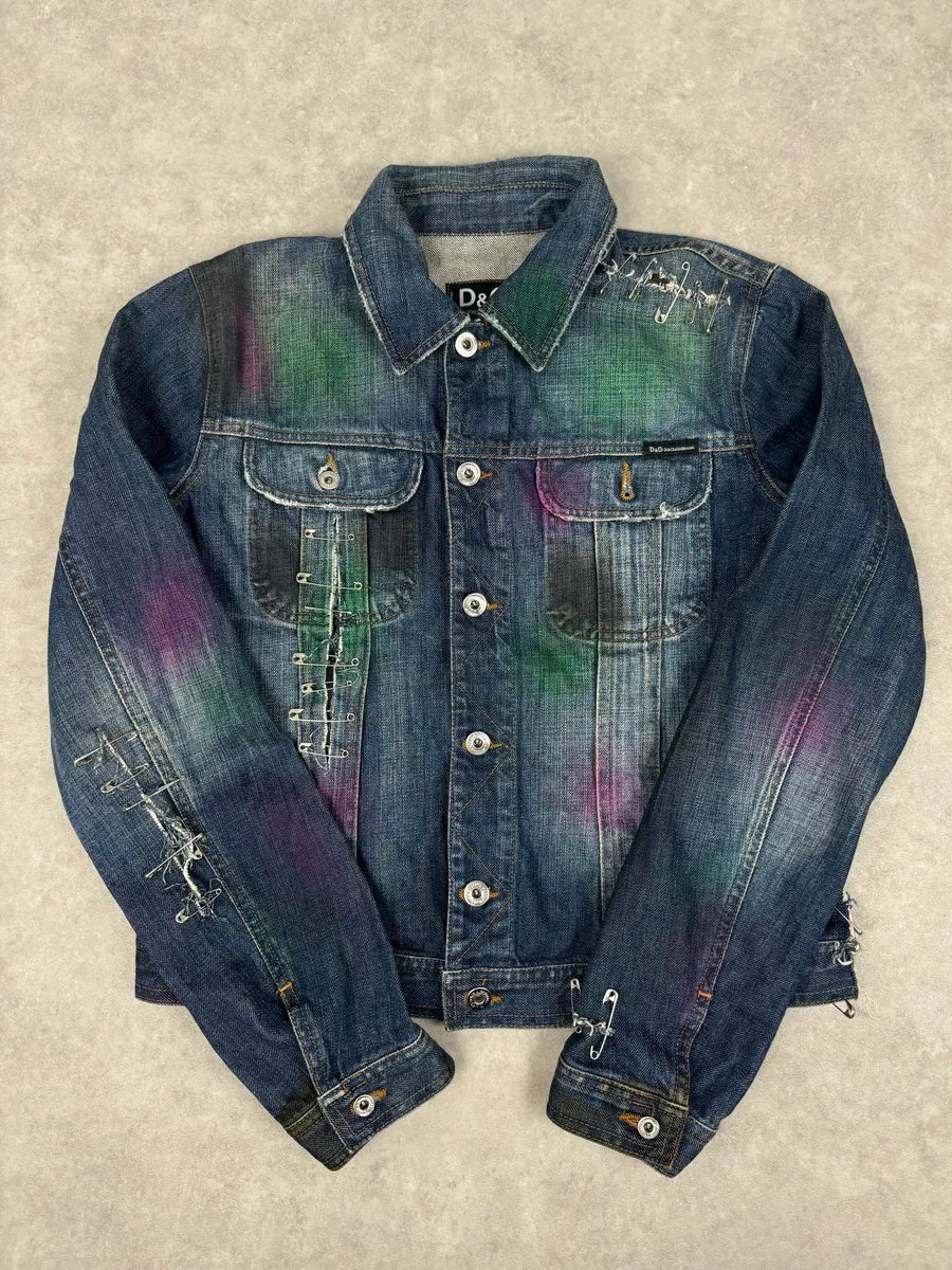 AW2001 Dolce & Gabbana Safety Pins Tie-Dye Distressed Denim Jacket KbiXNNY 0