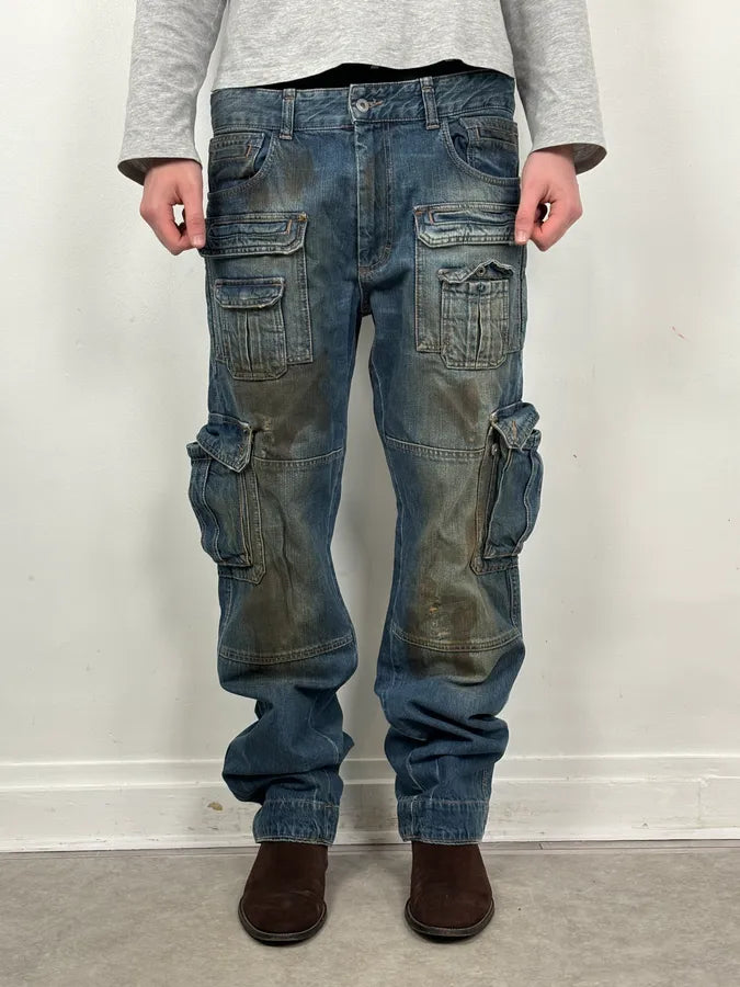 2000s Dolce & Gabbana Navy Dirty Effect Denim Cargo Jeans OXYAsRp 0
