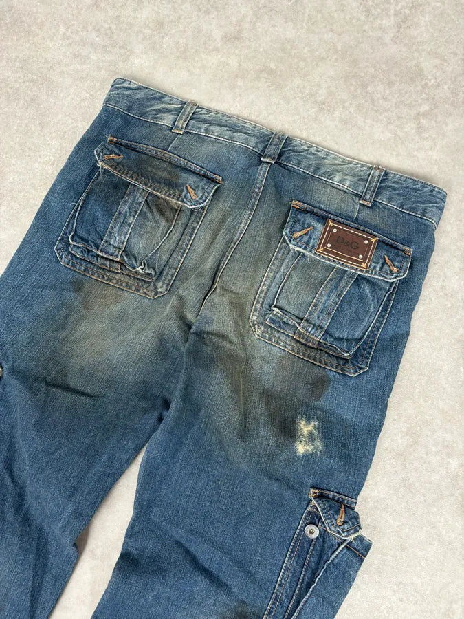 2000s Dolce & Gabbana Navy Dirty Effect Denim Cargo Jeans OXYAsRp 6