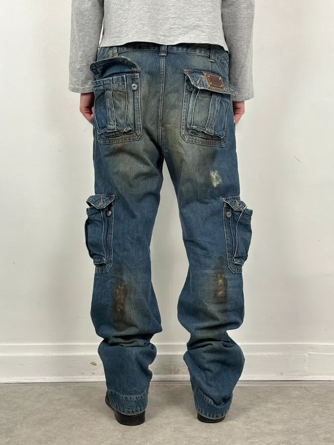 2000s Dolce & Gabbana Navy Dirty Effect Denim Cargo Jeans OXYAsRp 1