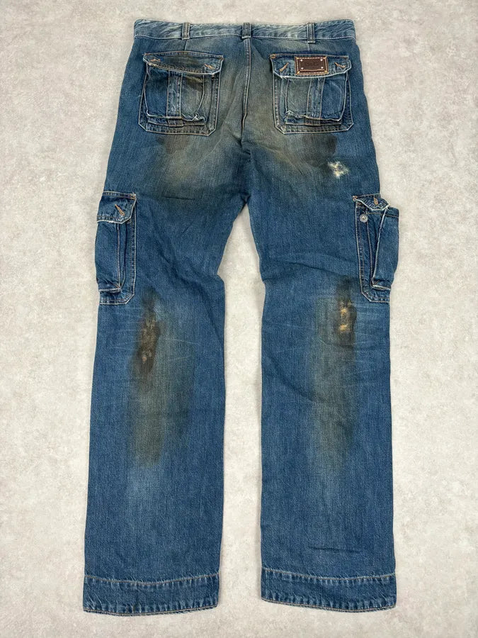 2000s Dolce & Gabbana Navy Dirty Effect Denim Cargo Jeans OXYAsRp 5
