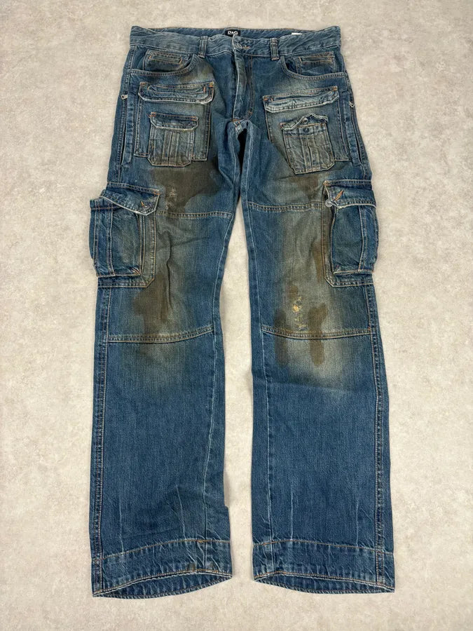 2000s Dolce & Gabbana Navy Dirty Effect Denim Cargo Jeans OXYAsRp 2