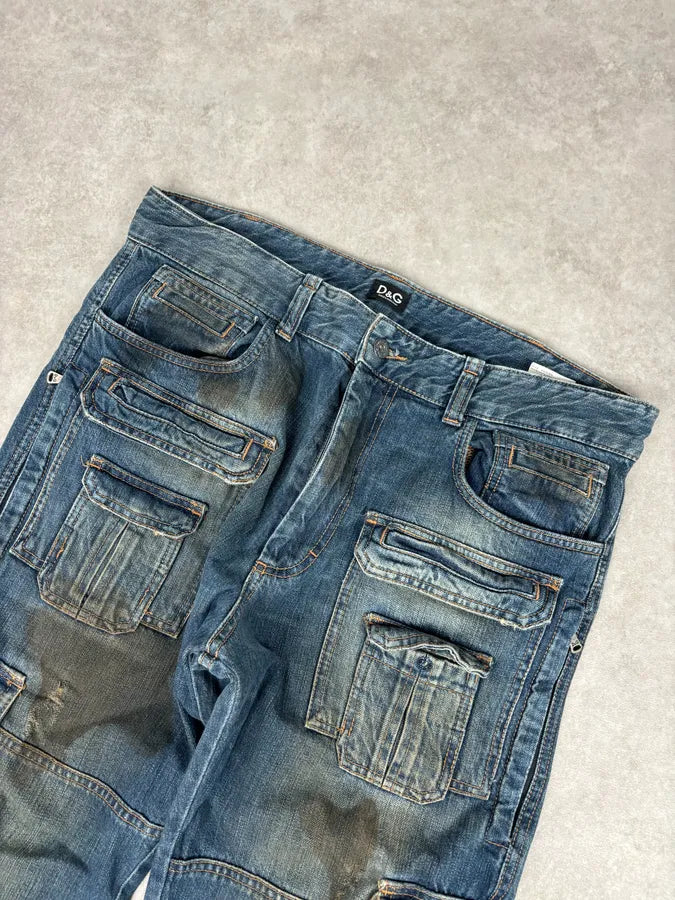 2000s Dolce & Gabbana Navy Dirty Effect Denim Cargo Jeans OXYAsRp 4