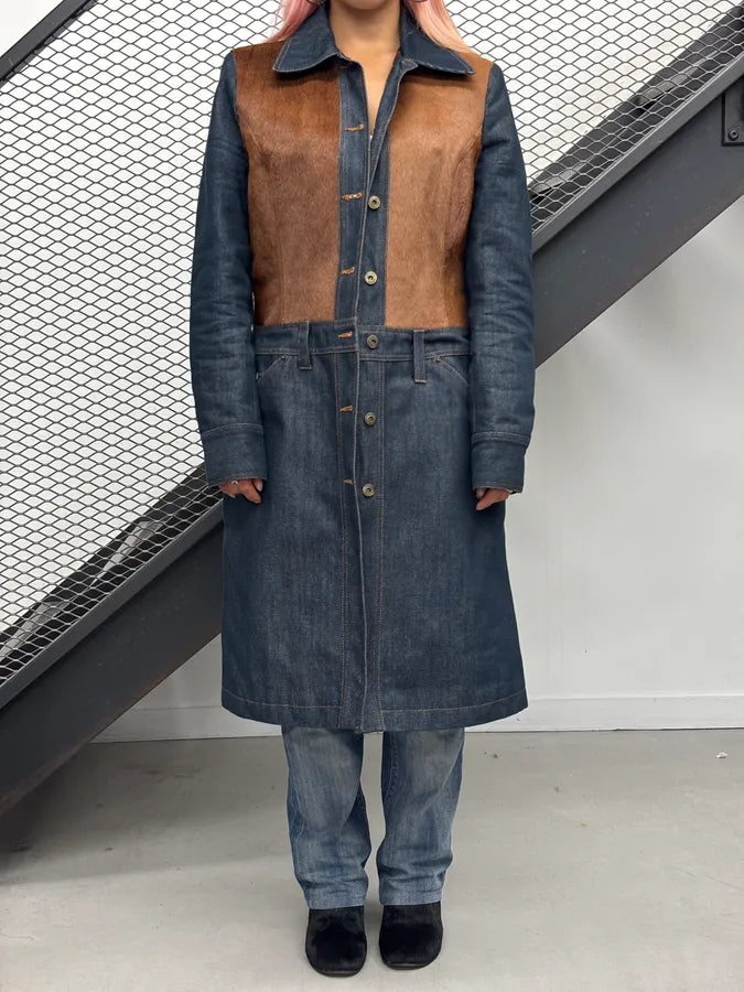 AW2005 Dolce & Gabbana Navy Denim Brown Pony Hair Trench Coat vkblKnq 1