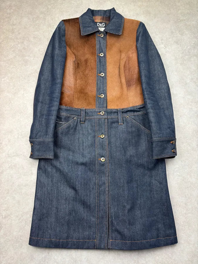 AW2005 Dolce & Gabbana Navy Denim Brown Pony Hair Trench Coat vkblKnq 0