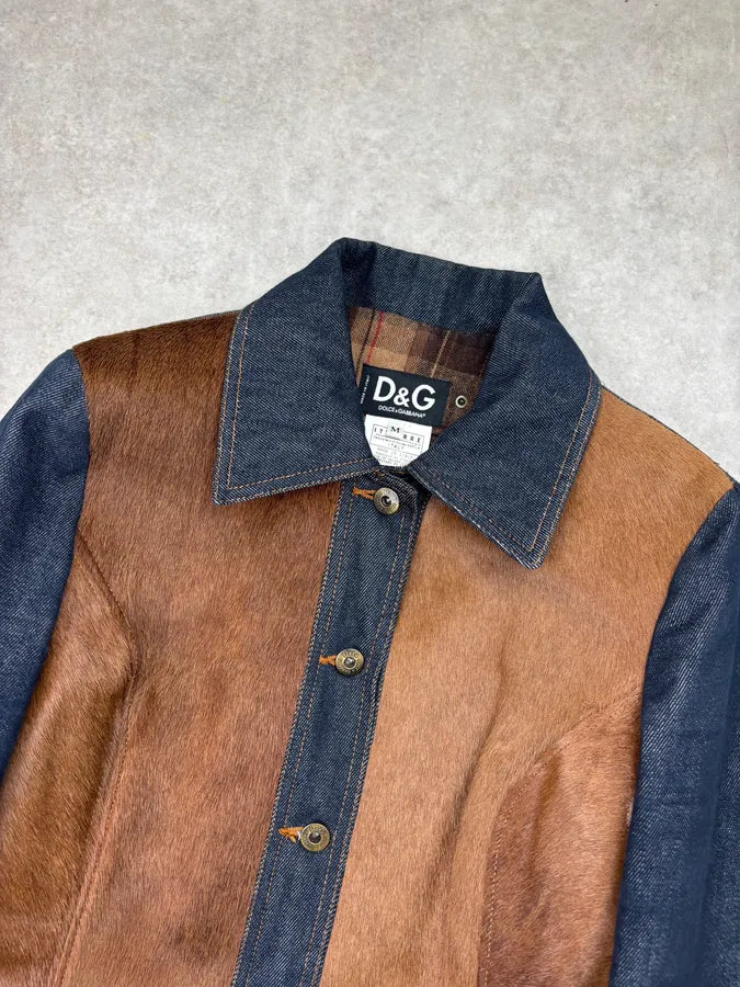 AW2005 Dolce & Gabbana Navy Denim Brown Pony Hair Trench Coat vkblKnq 3