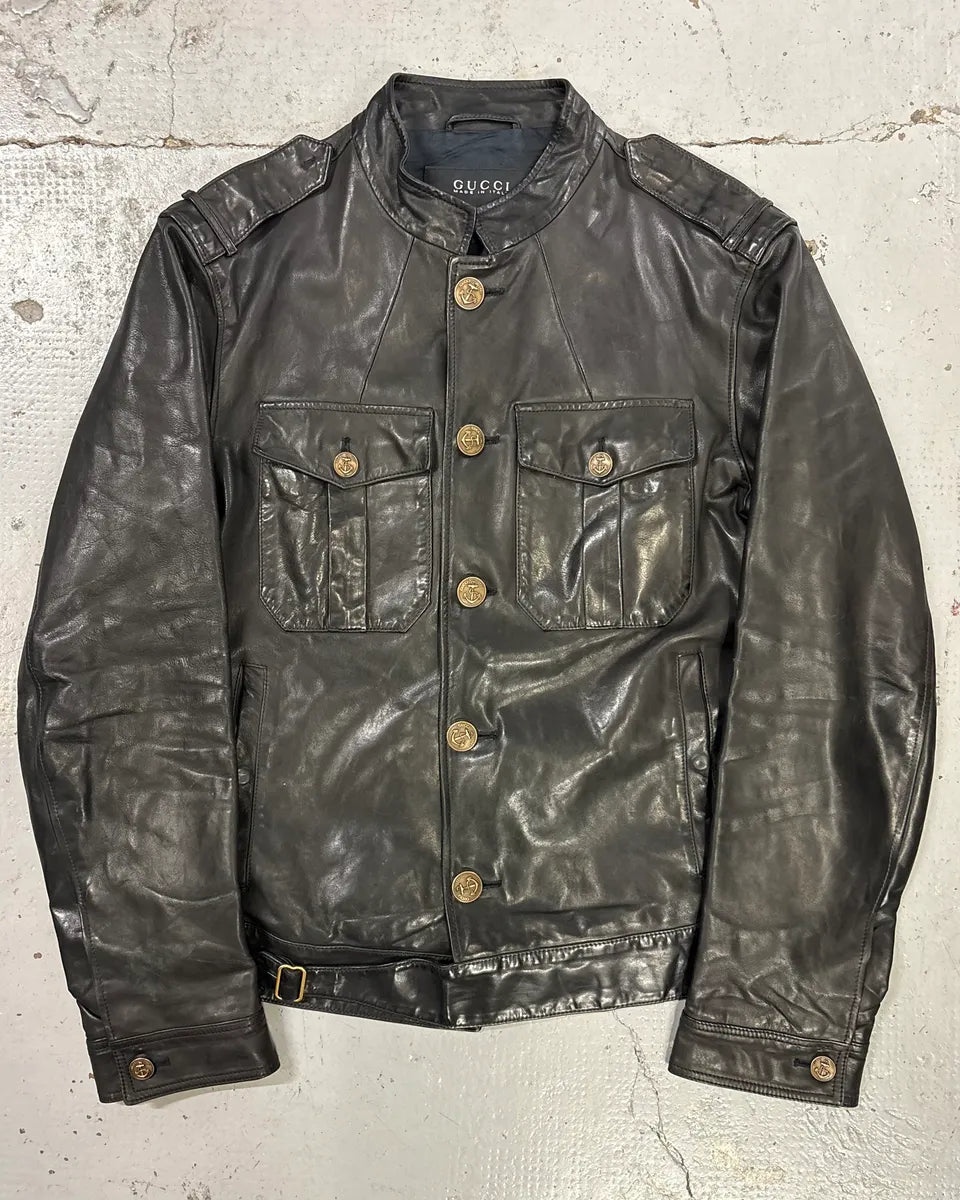 2010s Gucci Black Buttoned Officer Leather Jacket by Frida Giannini munnRrc 0