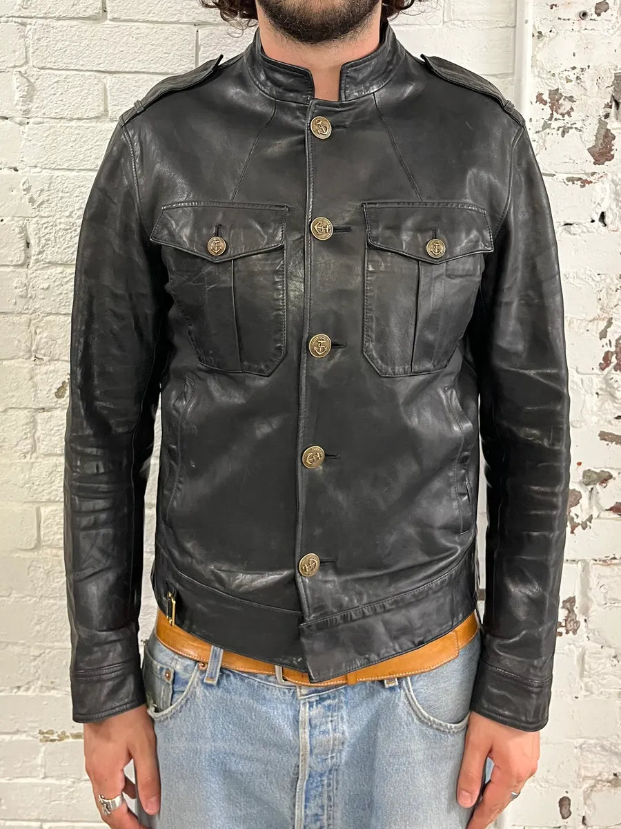 2010s Gucci Black Buttoned Officer Leather Jacket by Frida Giannini munnRrc 1