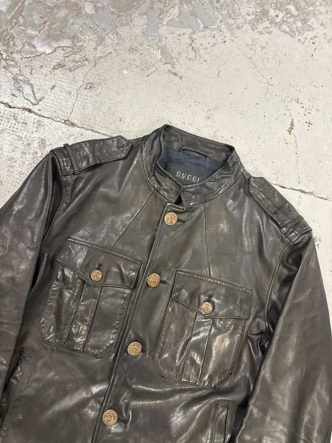 2010s Gucci Black Buttoned Officer Leather Jacket by Frida Giannini munnRrc 3