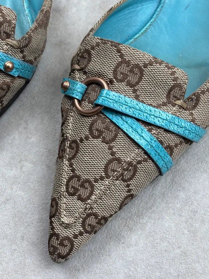 SS2003 Gucci Turquoise Monogram Canvas Horsebit Mules Shoes pLajkLe 4