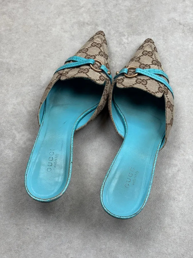 SS2003 Gucci Turquoise Monogram Canvas Horsebit Mules Shoes pLajkLe 9
