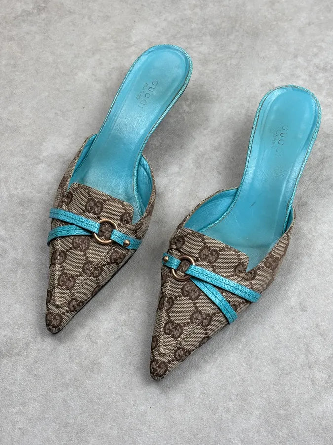 SS2003 Gucci Turquoise Monogram Canvas Horsebit Mules Shoes pLajkLe 3