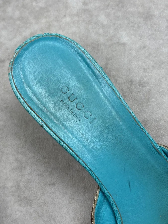 SS2003 Gucci Turquoise Monogram Canvas Horsebit Mules Shoes pLajkLe 5