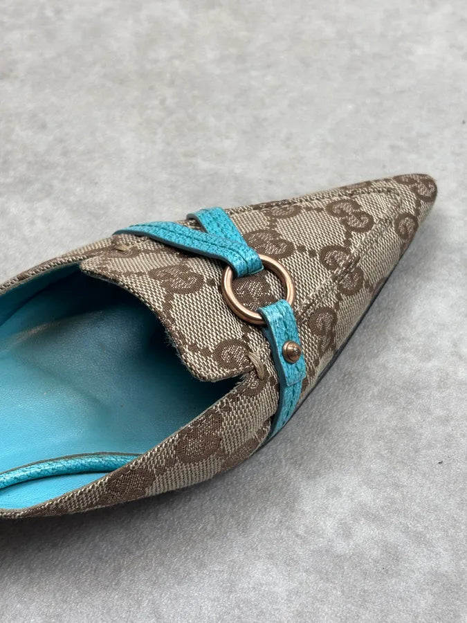 SS2003 Gucci Turquoise Monogram Canvas Horsebit Mules Shoes pLajkLe 15