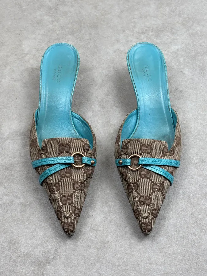 SS2003 Gucci Turquoise Monogram Canvas Horsebit Mules Shoes pLajkLe 2