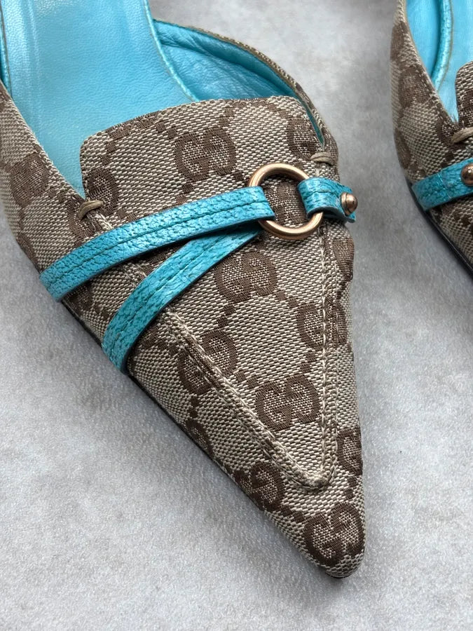SS2003 Gucci Turquoise Monogram Canvas Horsebit Mules Shoes pLajkLe 6