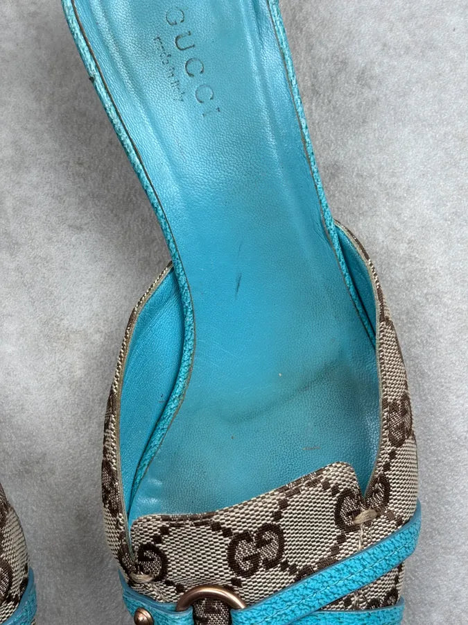 SS2003 Gucci Turquoise Monogram Canvas Horsebit Mules Shoes pLajkLe 8