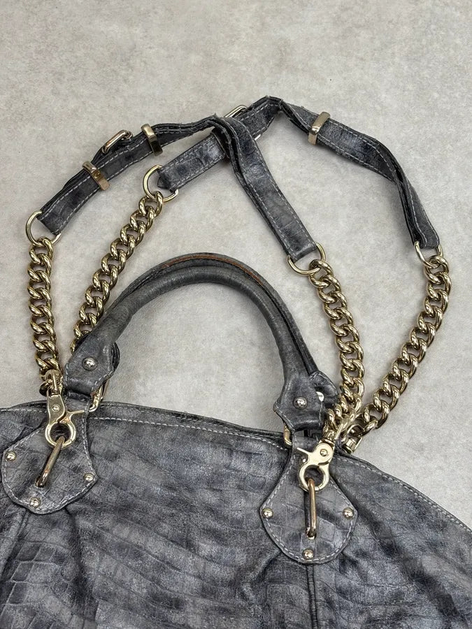 2000s Iceberg Grey Leather Crocodile Embossed Gold Chain Handle Bag KXRJyoF 4