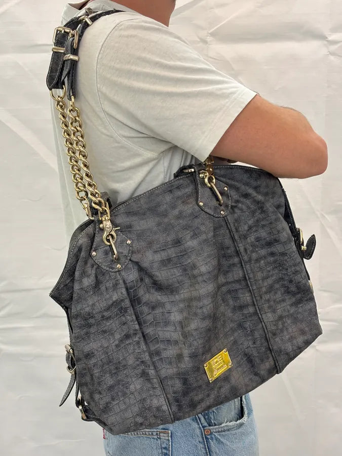 2000s Iceberg Grey Leather Crocodile Embossed Gold Chain Handle Bag KXRJyoF 2