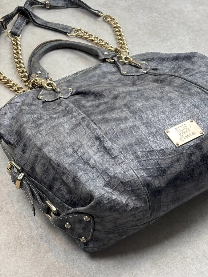 2000s Iceberg Grey Leather Crocodile Embossed Gold Chain Handle Bag KXRJyoF 6