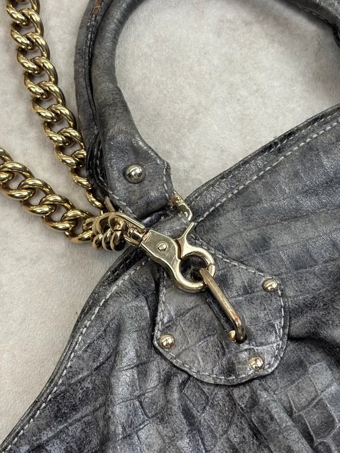 2000s Iceberg Grey Leather Crocodile Embossed Gold Chain Handle Bag KXRJyoF 11