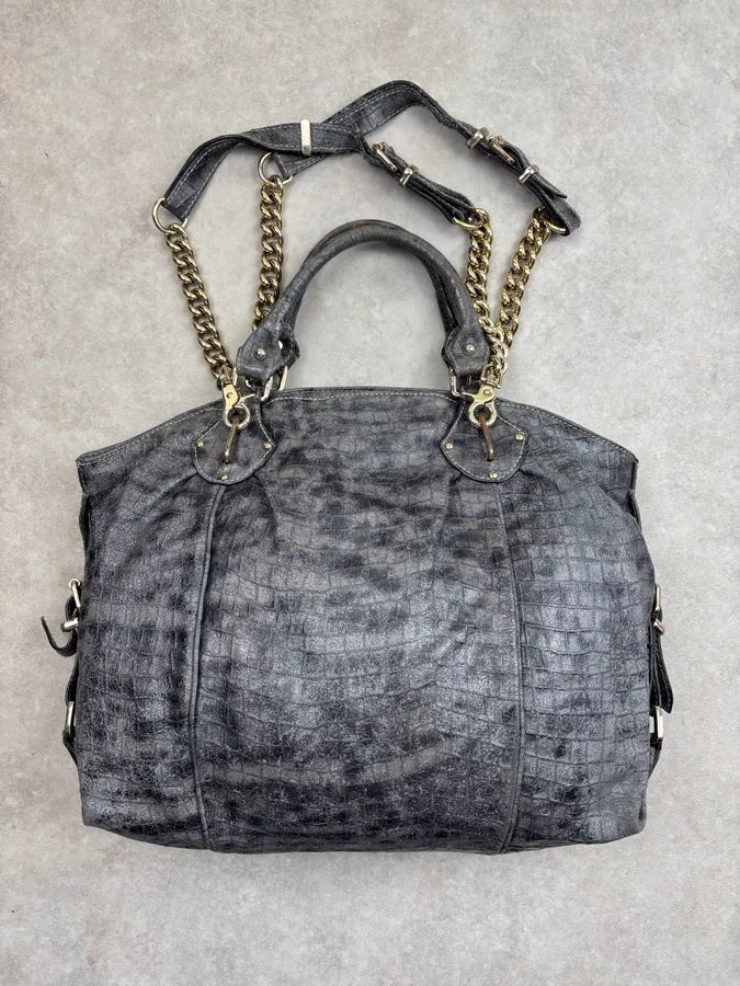 2000s Iceberg Grey Leather Crocodile Embossed Gold Chain Handle Bag KXRJyoF 13