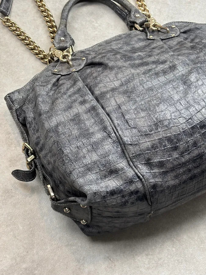 2000s Iceberg Grey Leather Crocodile Embossed Gold Chain Handle Bag KXRJyoF 16