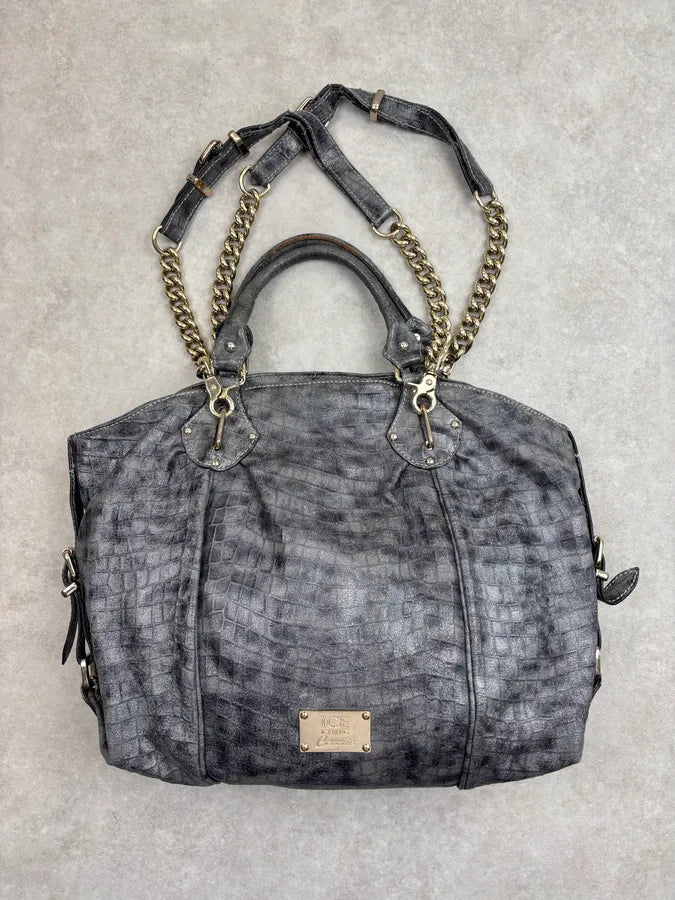 2000s Iceberg Grey Leather Crocodile Embossed Gold Chain Handle Bag KXRJyoF 3