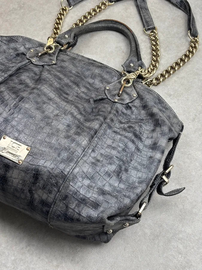 2000s Iceberg Grey Leather Crocodile Embossed Gold Chain Handle Bag KXRJyoF 5