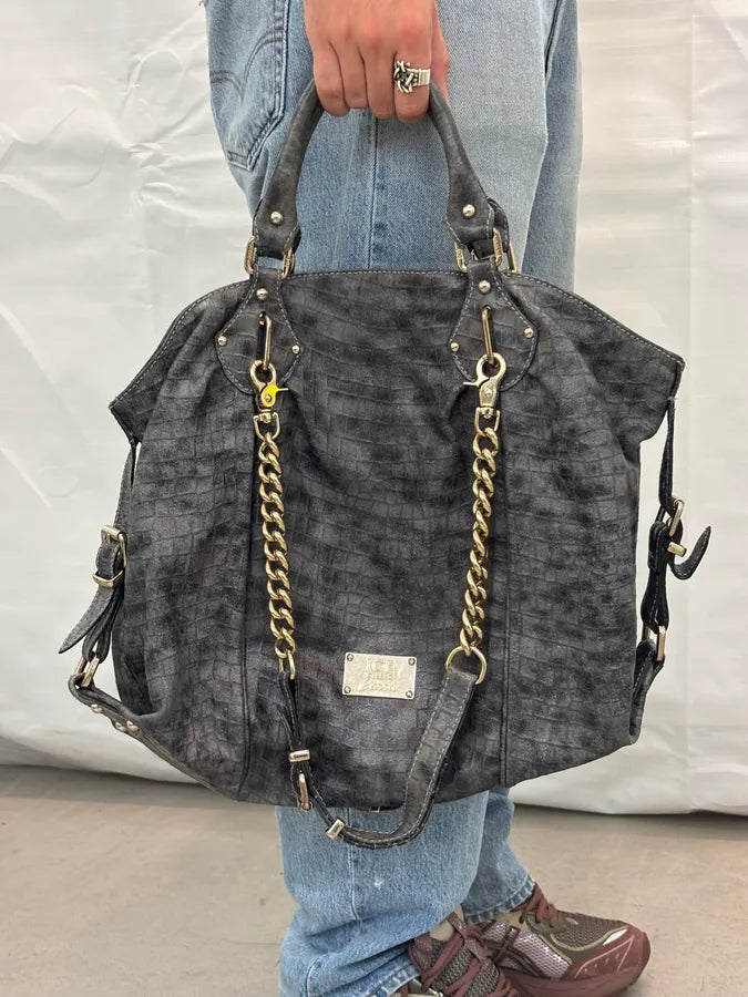 2000s Iceberg Grey Leather Crocodile Embossed Gold Chain Handle Bag KXRJyoF 1