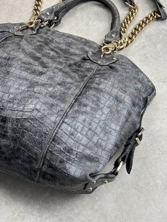 2000s Iceberg Grey Leather Crocodile Embossed Gold Chain Handle Bag KXRJyoF 14