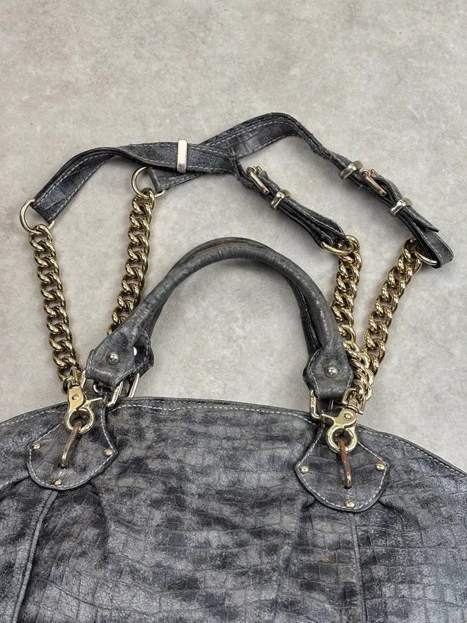 2000s Iceberg Grey Leather Crocodile Embossed Gold Chain Handle Bag KXRJyoF 12