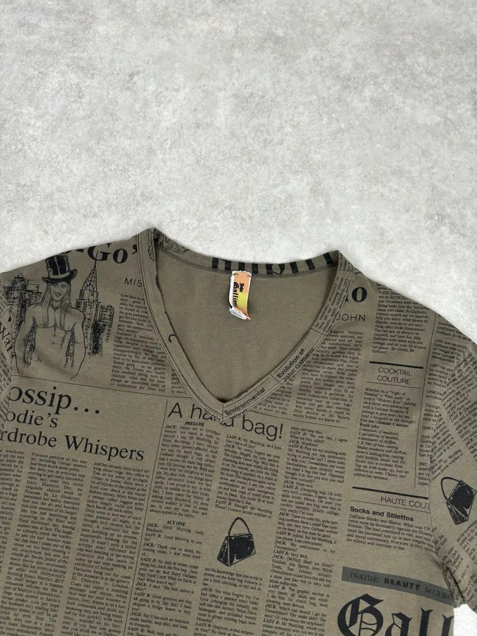 SS2008 John Galliano Khaki Newspaper V Neck T-Shirt zVHZxtL 3