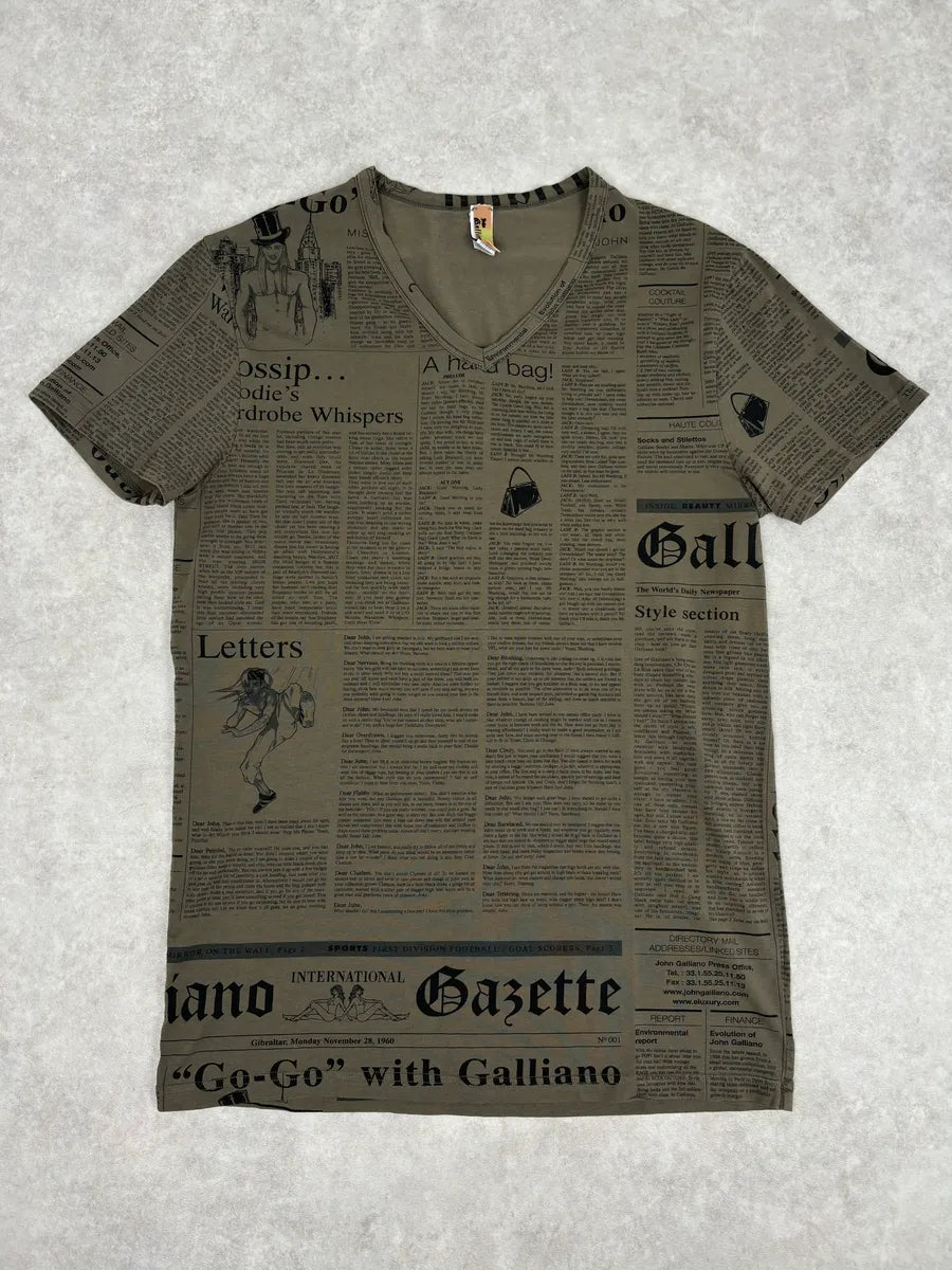 SS2008 John Galliano Khaki Newspaper V Neck T-Shirt zVHZxtL 0