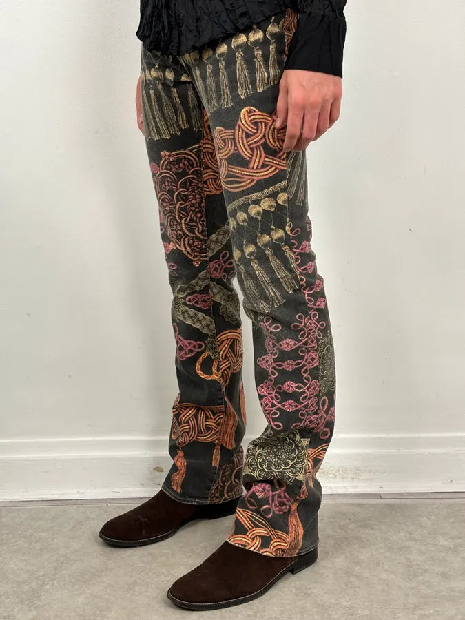 AW2005 Cavalli Black Ornamental Patterned Denim Jeans bLlvKOH 2
