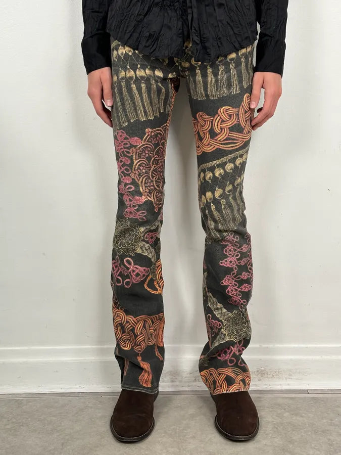 AW2005 Cavalli Black Ornamental Patterned Denim Jeans bLlvKOH 1