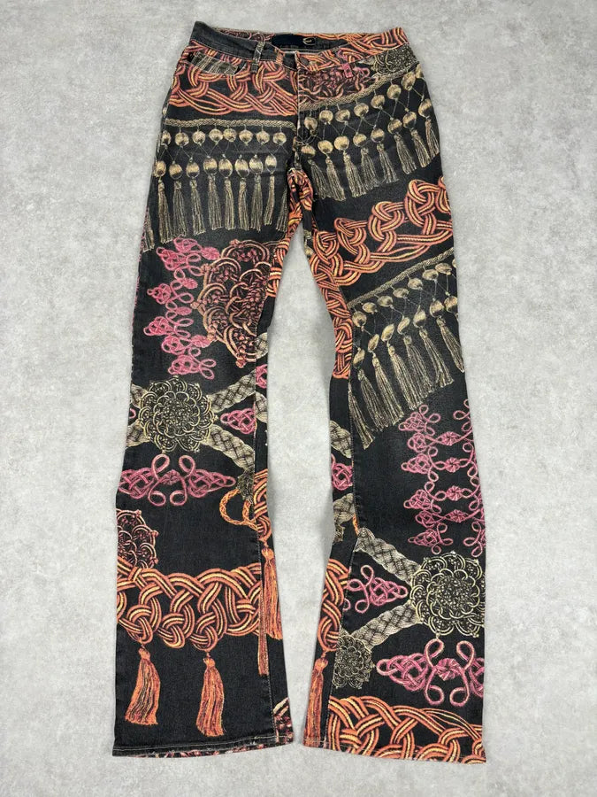 AW2005 Cavalli Black Ornamental Patterned Denim Jeans bLlvKOH 0
