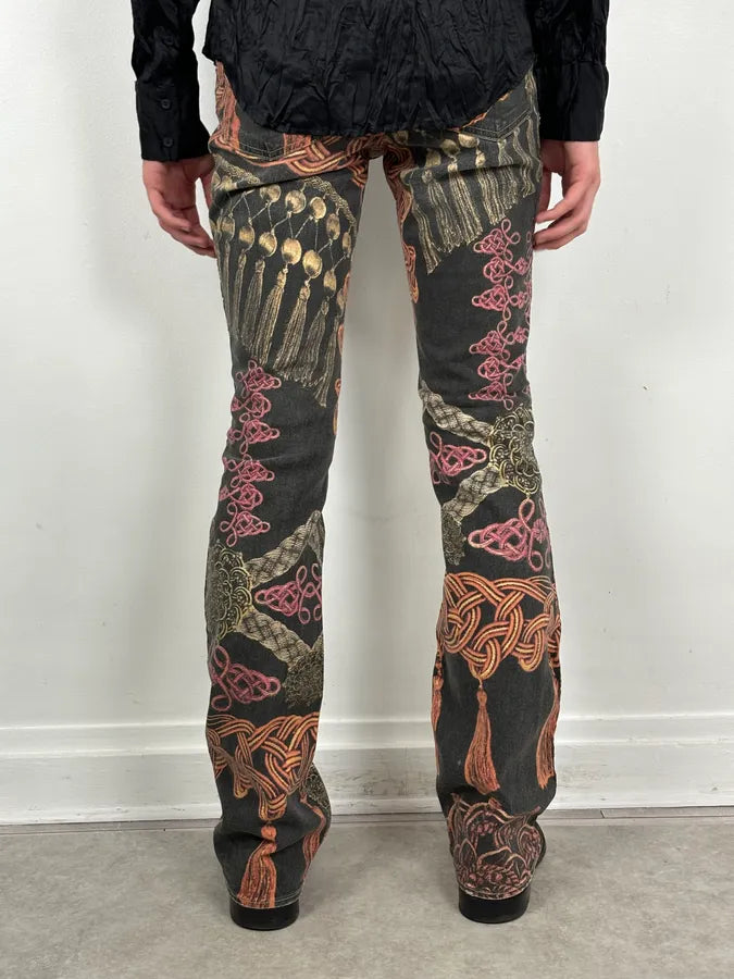 AW2005 Cavalli Black Ornamental Patterned Denim Jeans bLlvKOH 3