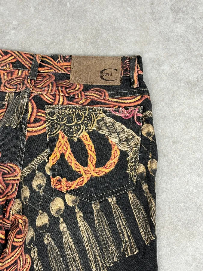 AW2005 Cavalli Black Ornamental Patterned Denim Jeans bLlvKOH 7