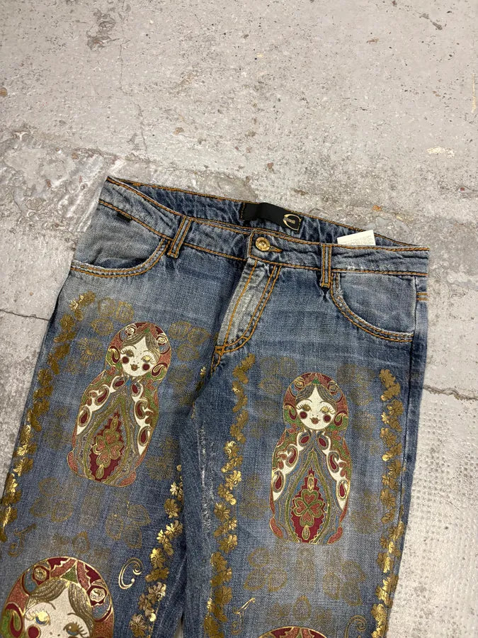 SS2005 Cavalli Blue Embroidered Distressed Denim Jeans AQGobZF 4