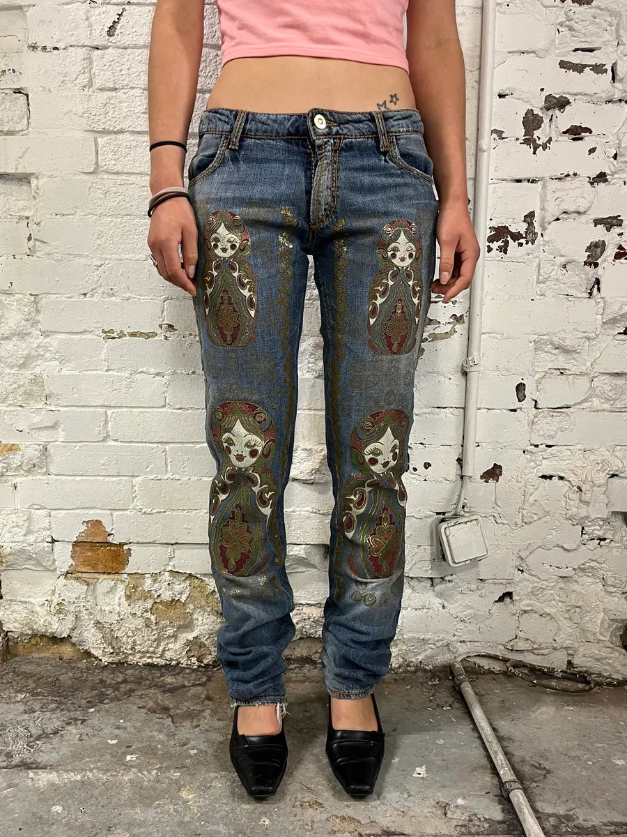 SS2005 Cavalli Blue Embroidered Distressed Denim Jeans AQGobZF 0